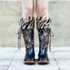 Johnature Genuine Leather Patchwork Printed Long Boots Fashion Versatile Leopard Print Fur Collar Women Shoes