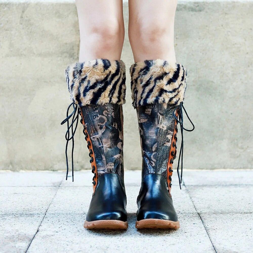 Johnature Genuine Leather Patchwork Printed Long Boots Fashion Versatile Leopard Print Fur Collar Women Shoes