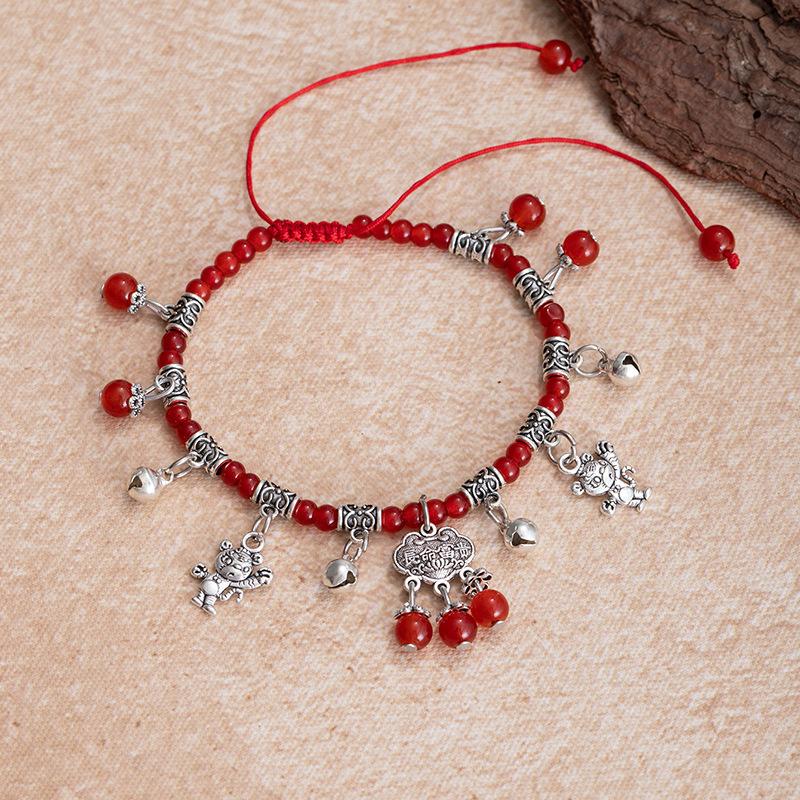 Imitation Red Agate Zodiac Foot ChainRed Rope Bell Hidden Silver Peace Lock Foot Rope Accessory