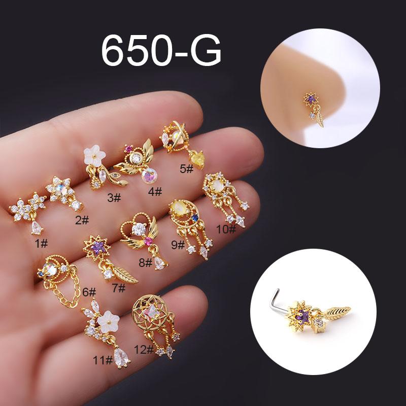 1Piece Fashion L Shaped Dangle Nose Studs Piercing 20G Stainless Steel Flower Moon Tassels Zircon Nostril Screw Piercing Jewelry