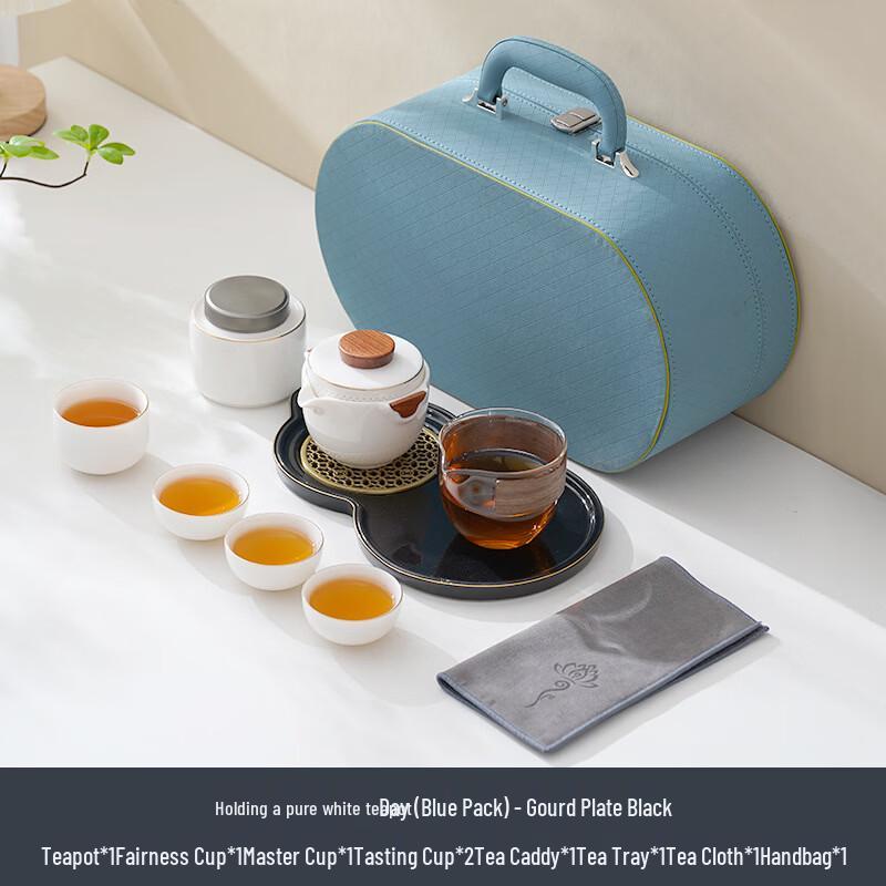 Portable Ceramic Travel Tea Set Gourd Tea Tray Black