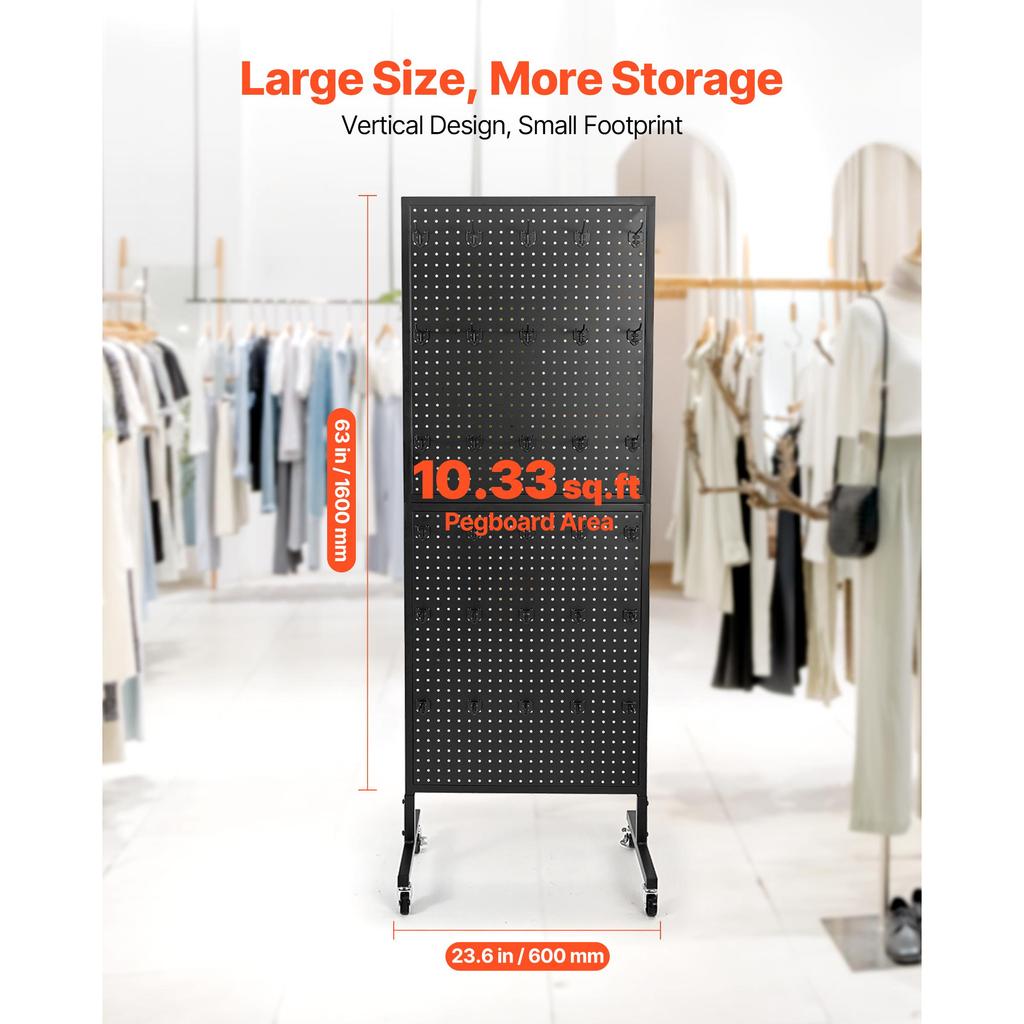 SucceBuy Standing Pegboard Display 23.6 X 63 In W/ Swivel Casters and 30 Hooks Thickened Cold-Rolled Steel Peg Board Panel Black