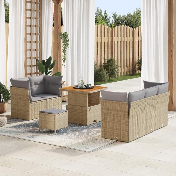 Ensemble de canapé de jardin 8 pièces avec coussins beige Poly Rattan Acacia, Ensemble de salle à manger jardin 3 pièces 3363377