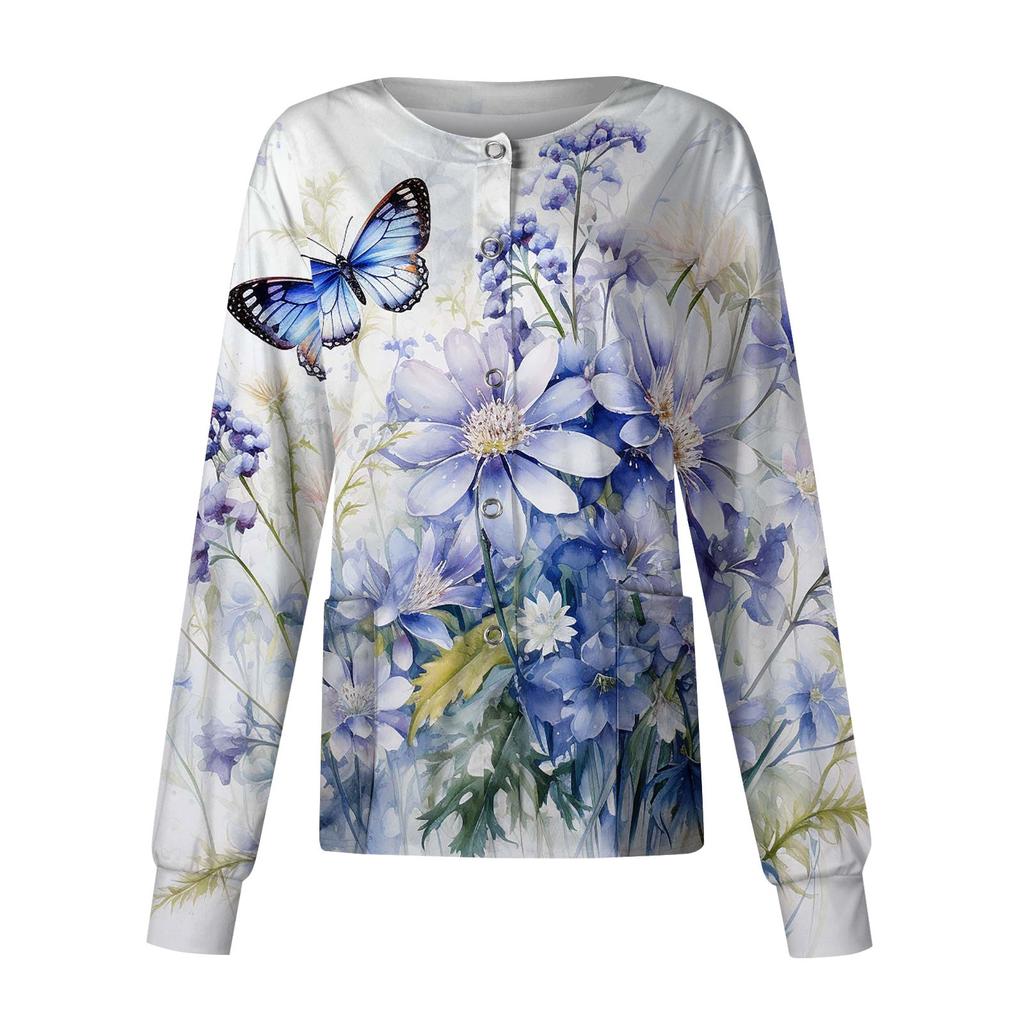 Women Long Sleeve Pattern Pocket Working Stand-up Collar Single-breasted Protective Overalls Cardigan Jacket Top
