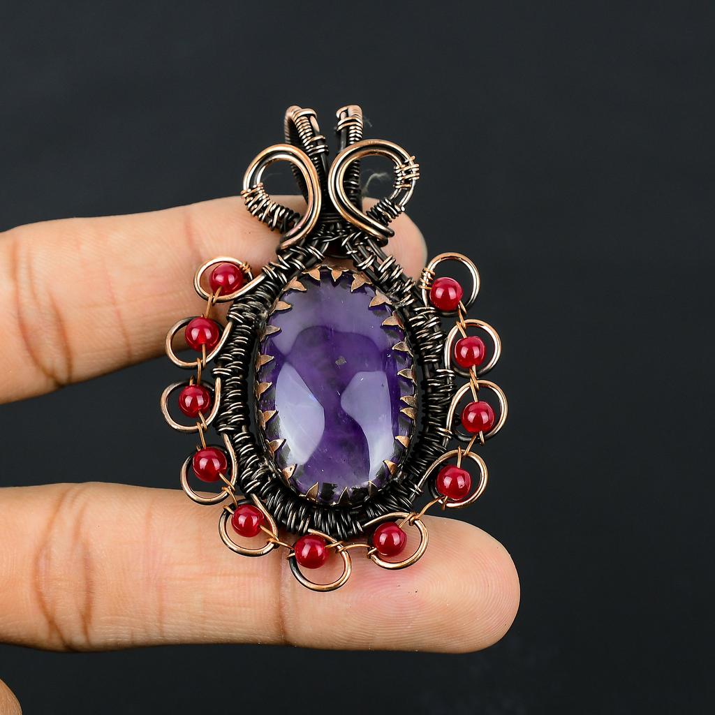 Natural Amethyst, Garnet Gemstone Handmade Copper Wire Wrap Pendant 2.56" R3z27