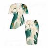 Women Plus Size Printed Two Piece Skirt Set Round Neck Short Sleeve Asymmetric Top Fitted Skirt