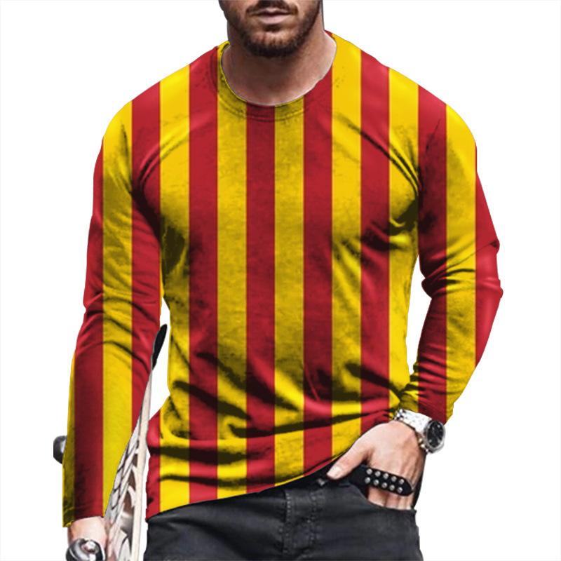 Spring and Autumn Round Neck 3D Stripe Printed Top Fashionable Casual Long Sleeved Men's T-shirts