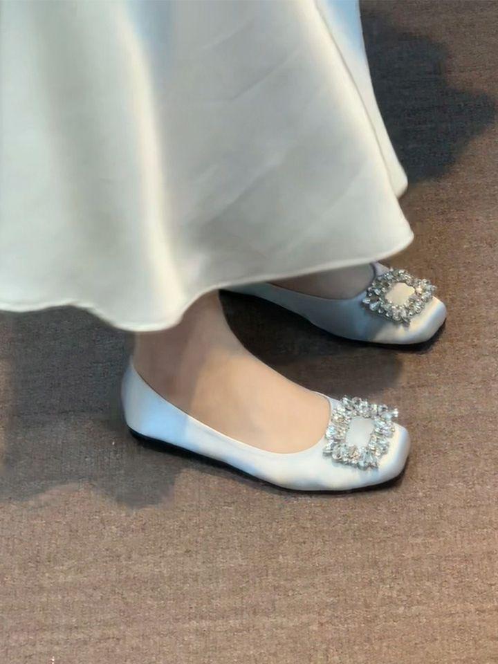 Evening Wind Ladyshoes Women's 202 Years 5 Early Autumn New Models Not Tired Feet Square Buckle Rhinestone Flats with Skirts Shallow Mouth Single Shoe