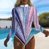 Women Long Sleeve One Piece Swimsuit Zip Front  Marble Tie Dye Print Rash Guard Surfing Bathing Suit