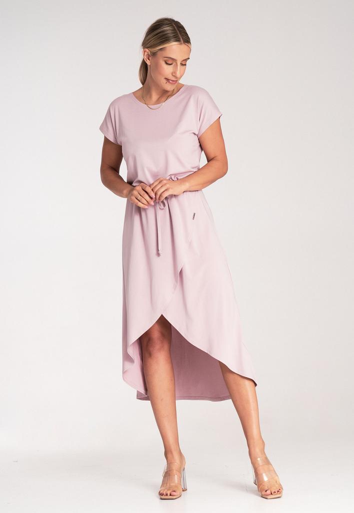 Asymmetrical Midi Dress - Dress With Tie - M1041 Pink Xl