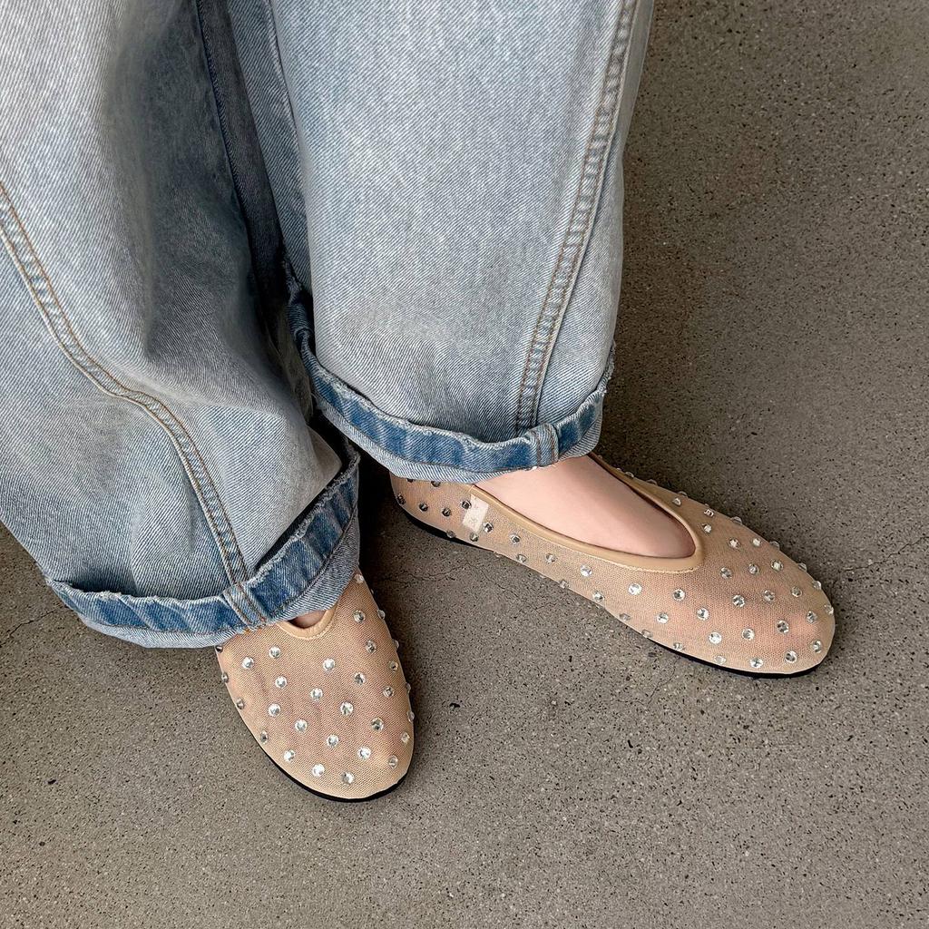 Krazing Pot Air Mesh Sheep Skin Flat with Crystal Beading Round Toe Jelly Shoes Embroidery Summer Size 42 Women Flats