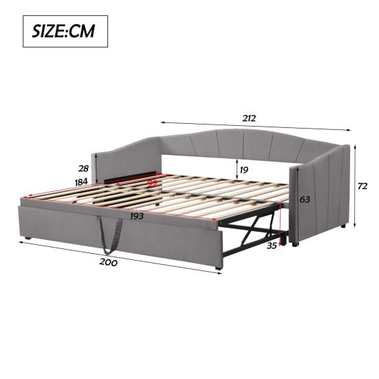 Upholstered Bed Extendable Sofa Bed 90/180x200cm with Slatted Frame, Multifunctional Bed Made of Skin-Friendly Velvet Fabric