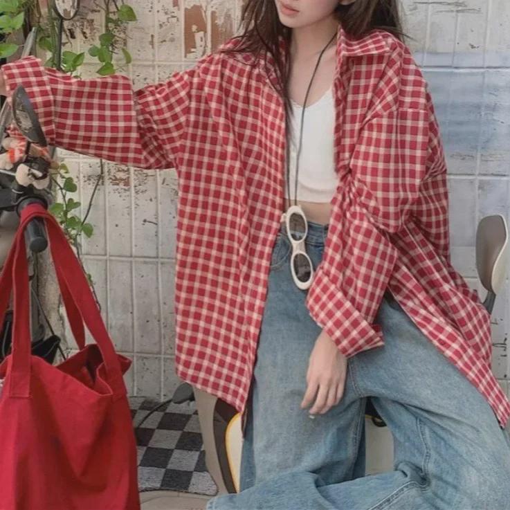 Damen Retro Rot Kariert Langarm Polokragen Hemd - Frühling Nischendesign, Lockere Slim Strickjacke