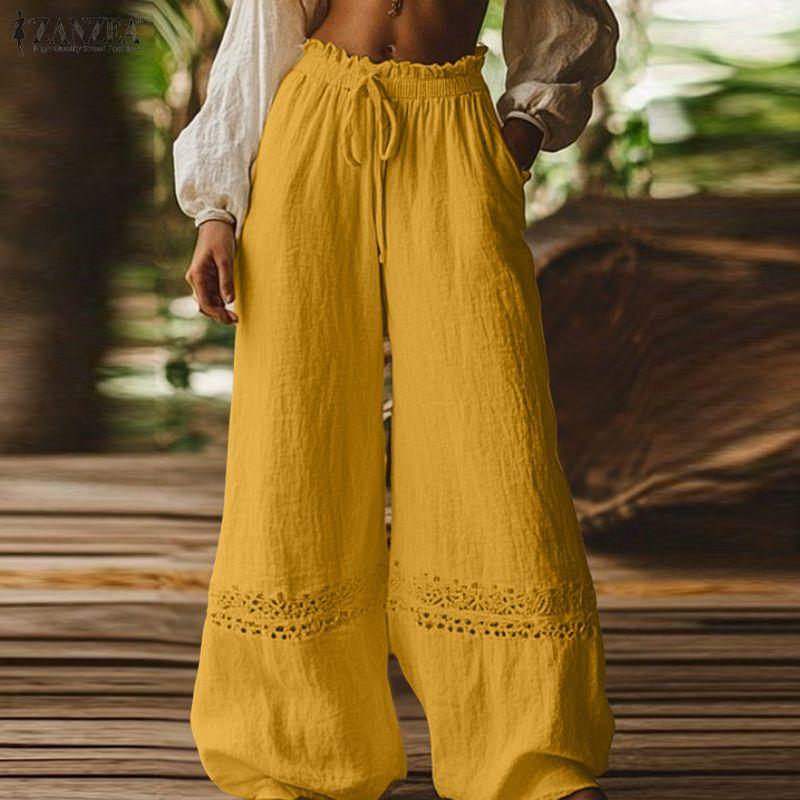 ZANZEA Women Lace Splice Loose Casual Long Pants
