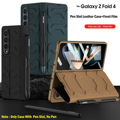 Kožený kryt Armor pro Samsung Galaxy Z Fold 4 5g Pouzdro s bočním slotem pro pero Přední skleněná fólie pro Samsung Z Fold 4 Slot pro karty