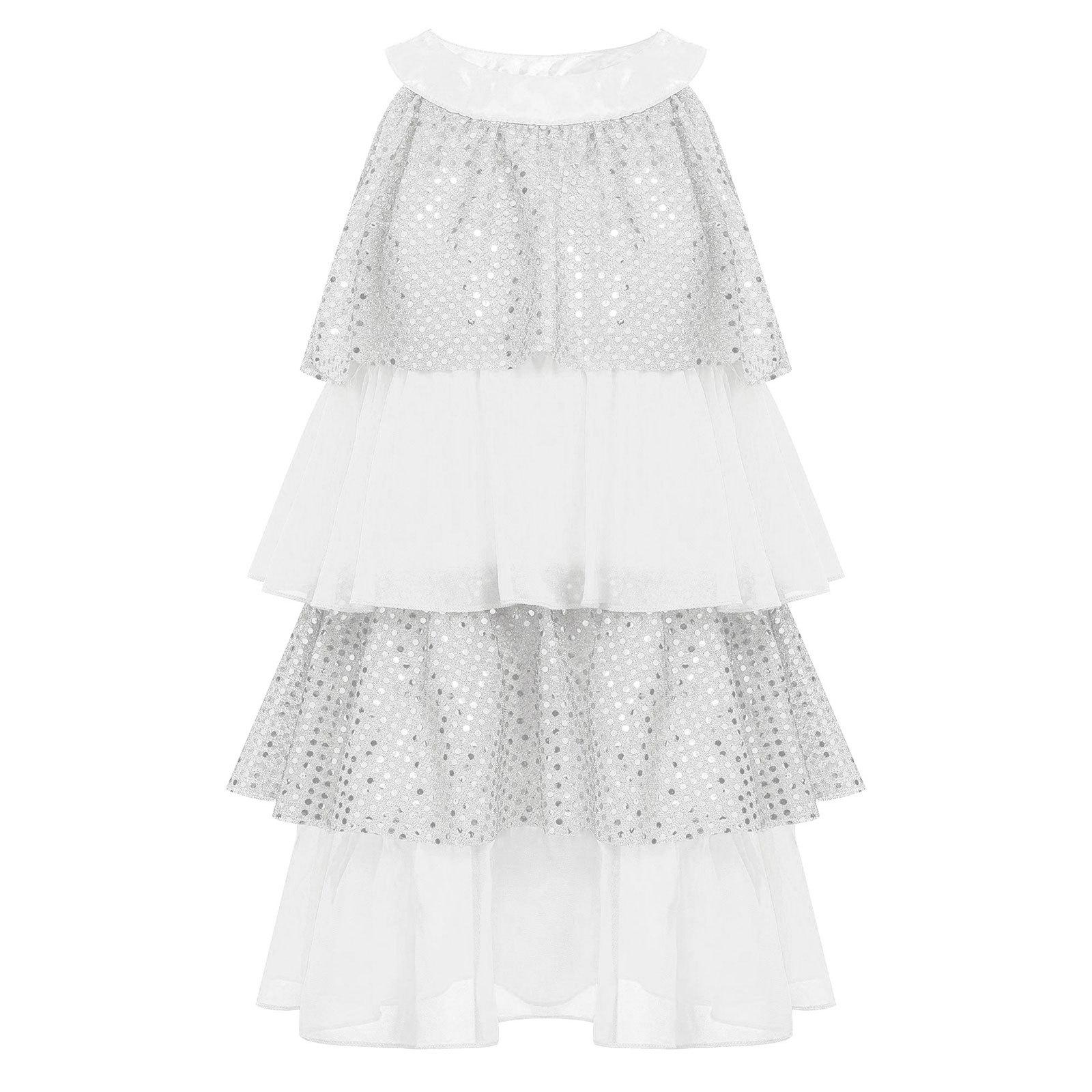 

Девочки сверкающие пайетки многоярусное танцевальное платье пэчворк оборки А-силуэт дизайн для джаз латино и сценических выступлений 5-6 Years белый