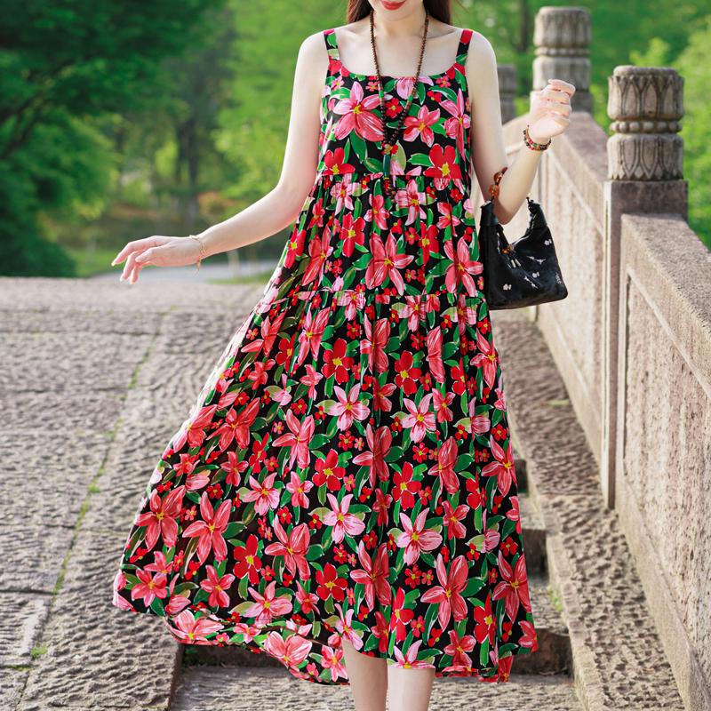 Elegant Sling Dress for Women Plus Size Casual Summer Long Dress Vintage Middle-aged Women's Clothing