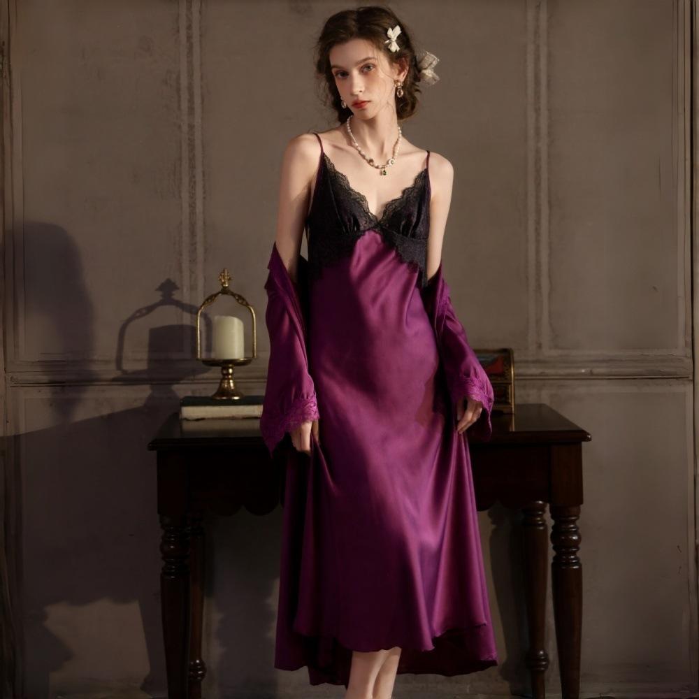 New long dress women's summer sexy ice silk pajamas suspender lace backless imitation silk homewear