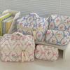 Vintage Court Style Bow & Floral Quilted Cosmetic Bag, Large Capacity Soft Portable Makeup Toiletry Storage Bag