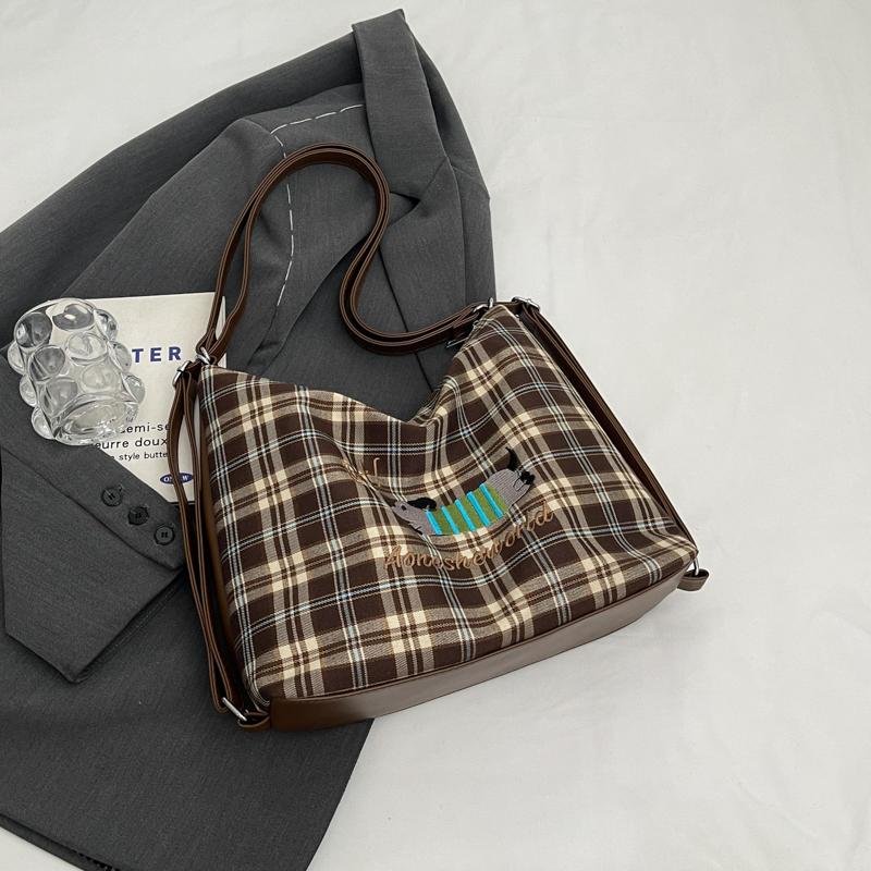 Large Capacity Backpack Women's Commuter Bag Plaid Tote Bag Cartoon Dog Shoulder Bag