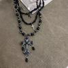 Gothic Punk Layered Choker Necklace Set With Black Cross Pendant Zinc Alloy Dark Aesthetic Multi-Strand Statement Jewelry
