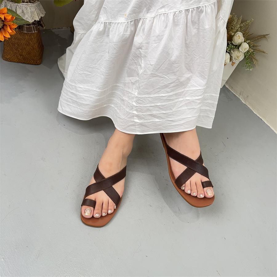 Johnature Flat Bottom Slippers Fashionable Rubber Anti Slip Comfortable Genuine Leather Women's Outdoor Slippers