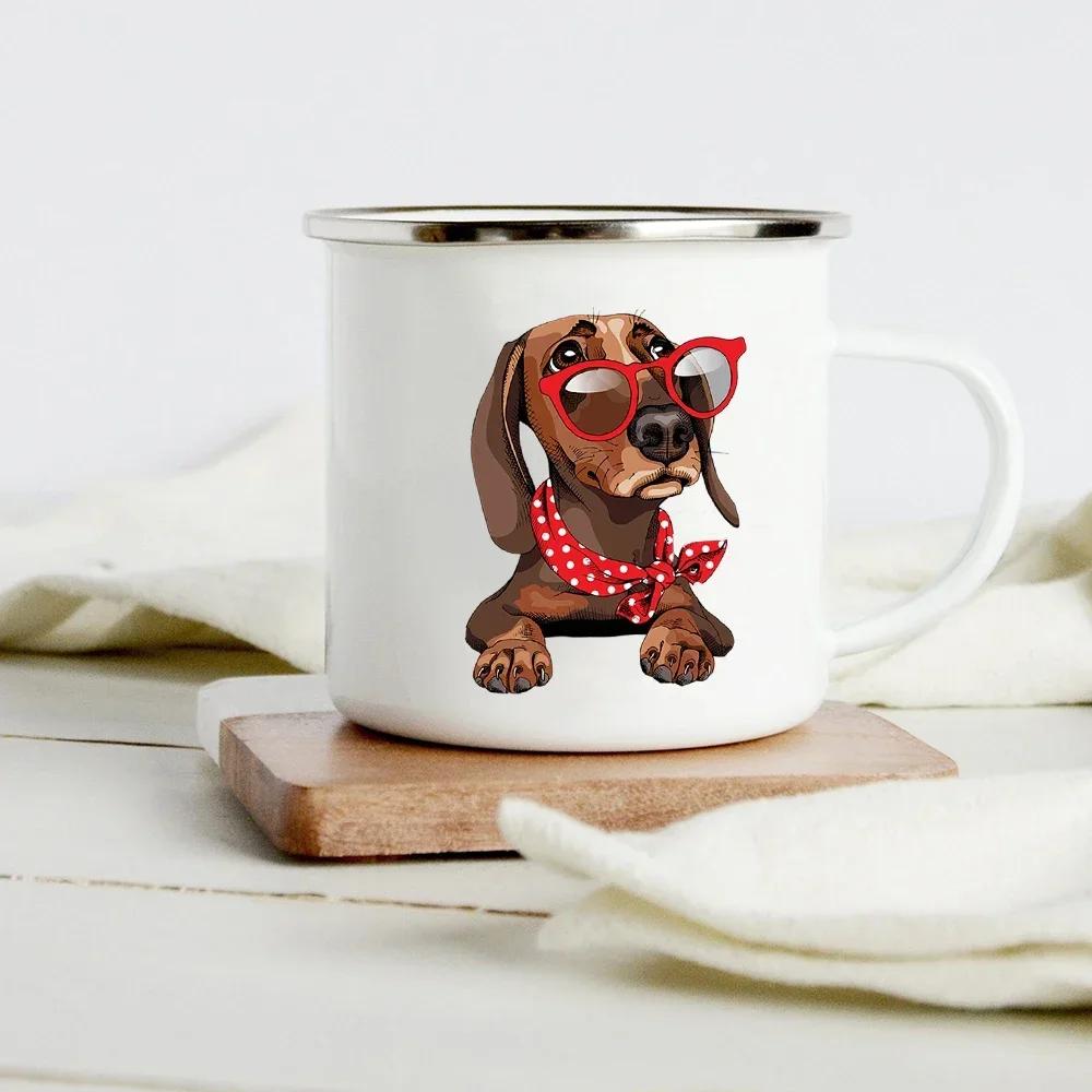 Lustiger Dackel-Druck Kreative Emaille-Tasse Kaffee-Weintassen Cartoon-Hunde Pfote Party-Getränk Bier Saft Milch Tassen Geschenke für Liebhaber Hund