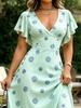 French Style Mint Green Stripe Blue Polka Dot Print V-Neck Dress, High Waist Elegant Maxi with Flutter Sleeves for Daily & Date