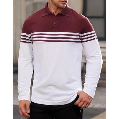 Men's Colorblock Polo Shirt - Classic Casual Long Sleeve Regular Fit Striped Blouse Spring Autumn