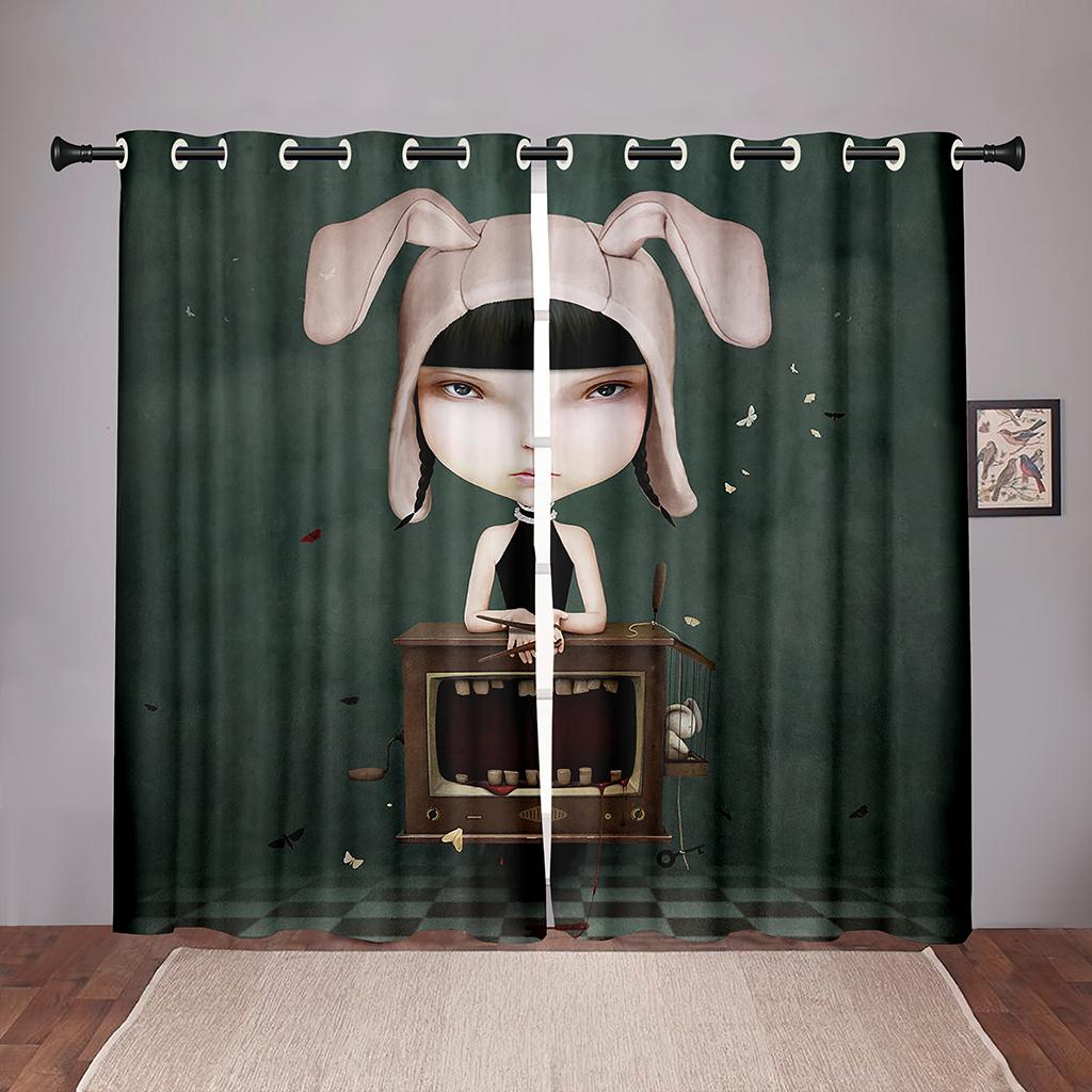 

Fantasy World Rabbit Ainimal Bird Girl Checkerboard Window Panel Drapes Children Bedroom Space Living Room Hall Treatments Kitchen Decor Drape W50 X H130(CM)X2&Hook