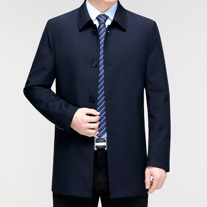 New Men's Windbreaker Mid-length Mulberry Silk Lapel Middle-aged and Elderly Spring and Autumn High-end Casual Civil Servant Jacket