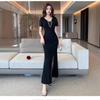 Nightclub sexy dress women's foot bath overalls show deep V-neck low-cut split hip-wrapped long dress