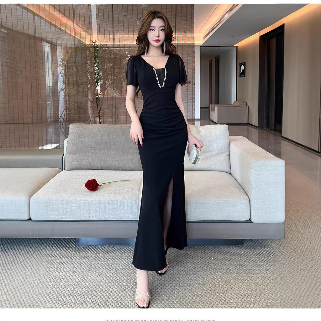 Nightclub sexy dress women's foot bath overalls show deep V-neck low-cut split hip-wrapped long dress