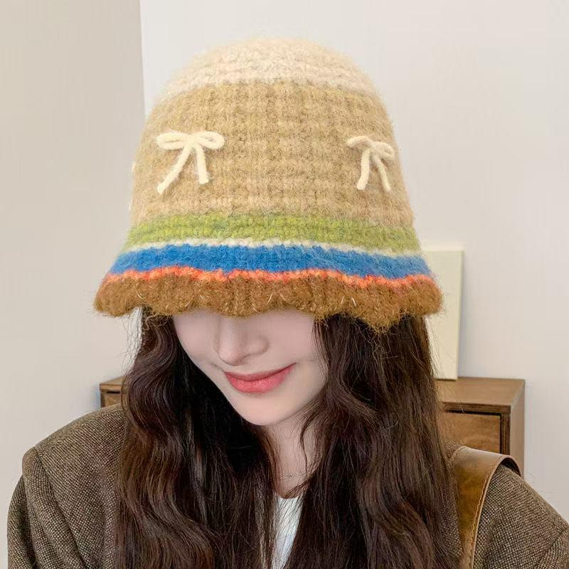 

Корейская полосатая вязаная шапка: Женская милая шерстяная шляпа-ведро с бантом для осени-зимы M (56-58 cm) хаки