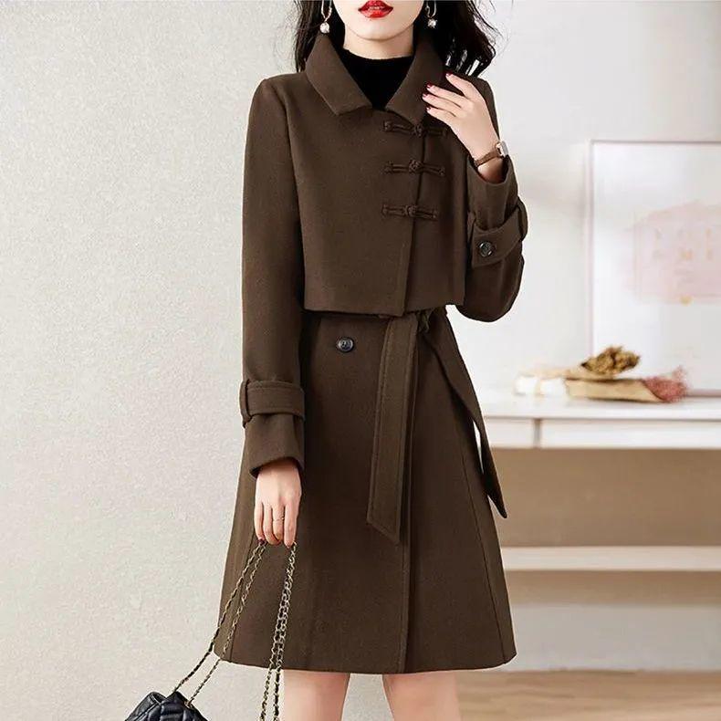 Women's Gray Wool Suit: 2025 Autumn/Winter High-End Fashion Coat Dress Set