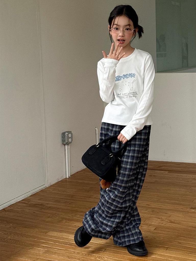 Navy Blue Retro Plaid Wide-Leg Elastic Drawstring Trousers for Women and Children - Autumn/Winter Fashion