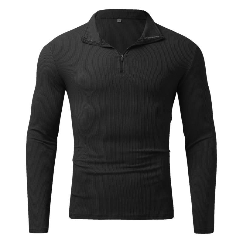 Men Long Sleeve Zipper Stand Collar Striped Thick Casual Polo Shirt