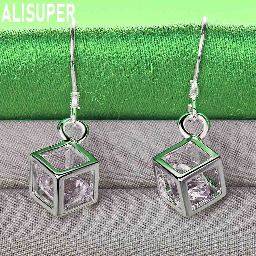 925 Sterling Silver Fashionable 3D Rubik's Cube AAA Zirconia Earrings - Exquisite Evening Jewelry