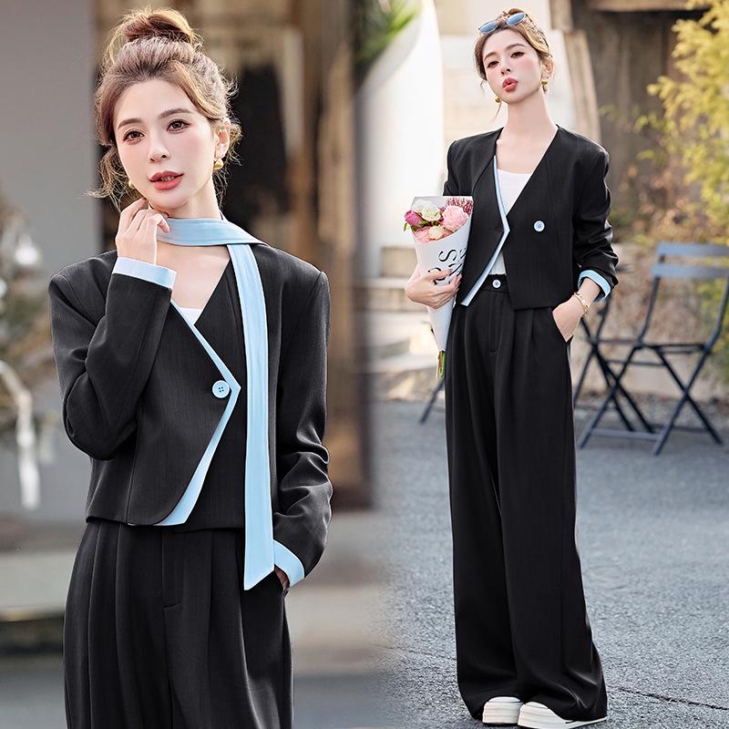 Stylish Spring 2025 Women's Patchwork V-neck Jacket & Wide-leg Pants Two-piece Set