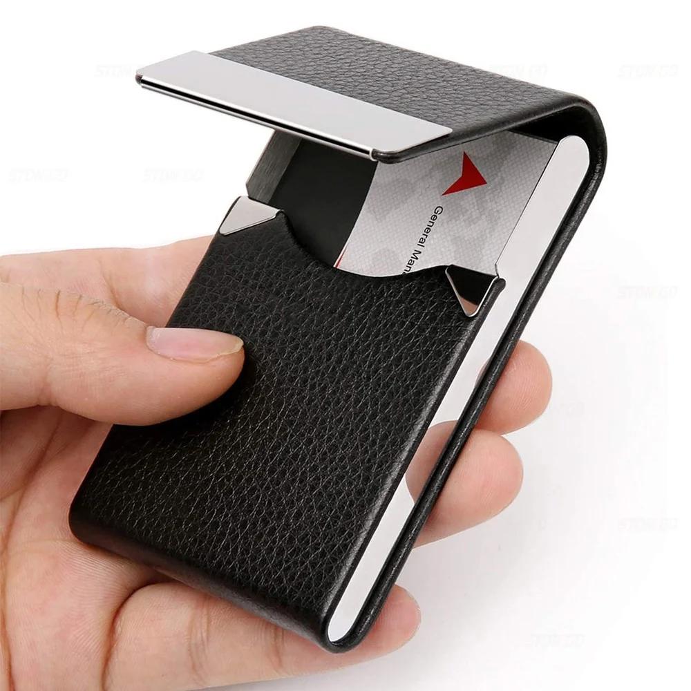 Slim Metal Pocket Business Card Holder Case with Magnetic Shut PU Leather Card Wallet ID Organizer for Men Women
