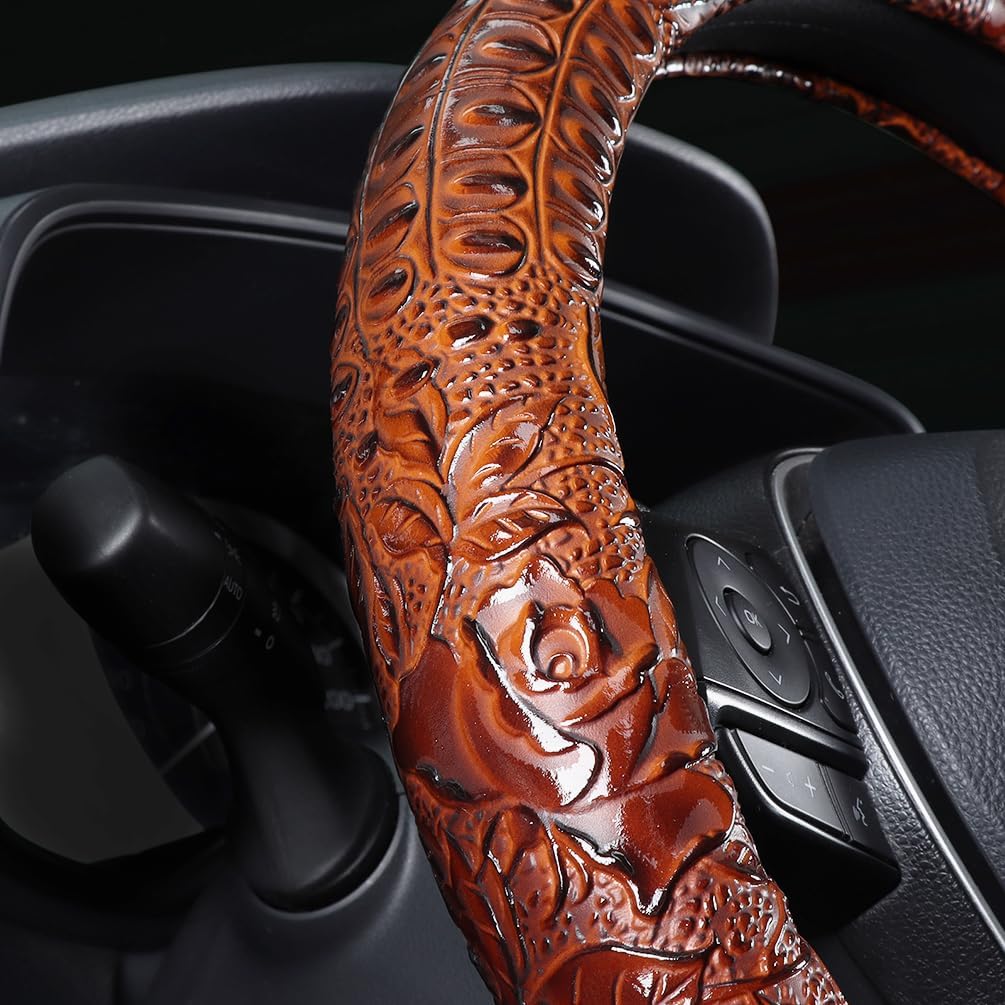 Leather Auto Car Steering Wheel Cover,Anti Slip Universal 15 Inch,Brown Crocodile With Rose Grain