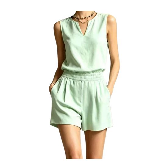 Conjuntos de Verano de 2 Piezas para Mujer, Camiseta sin Mangas Casual y Pantalones Cortos Elásticos de Cintura Alta a Juego, Conjuntos de Salón con Bolsillos