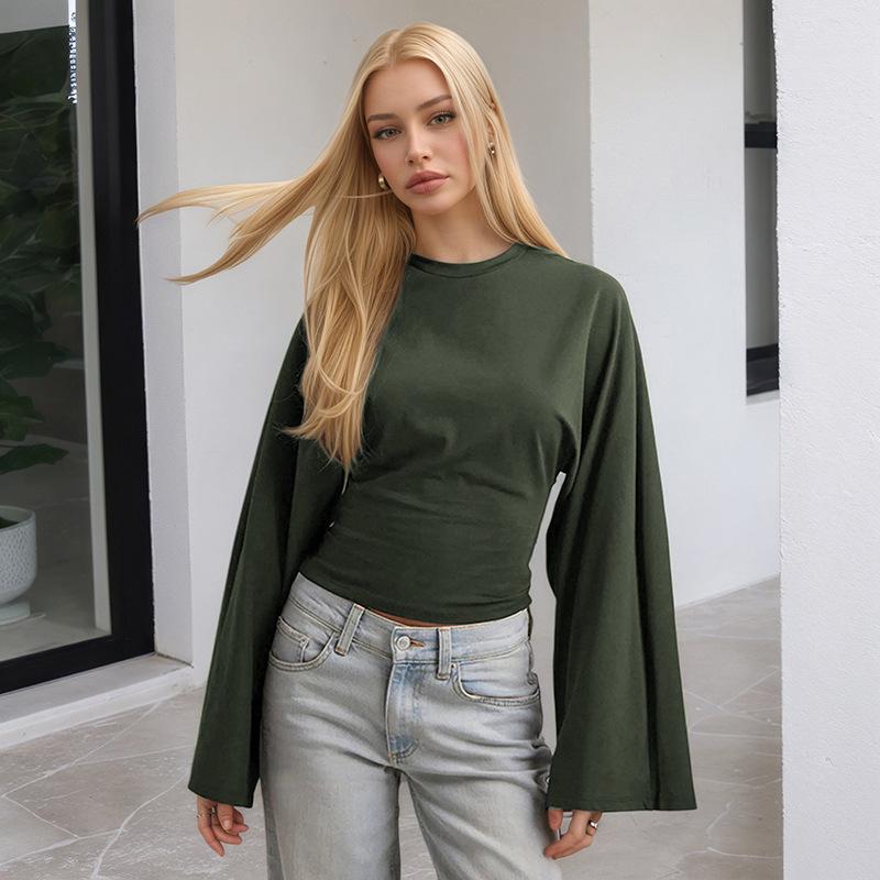 

Y25TP201 European and American Women s Solid Color Round Neck, Wide Sleeve, Cinched Waist Sexy Long Sleeve Top S
