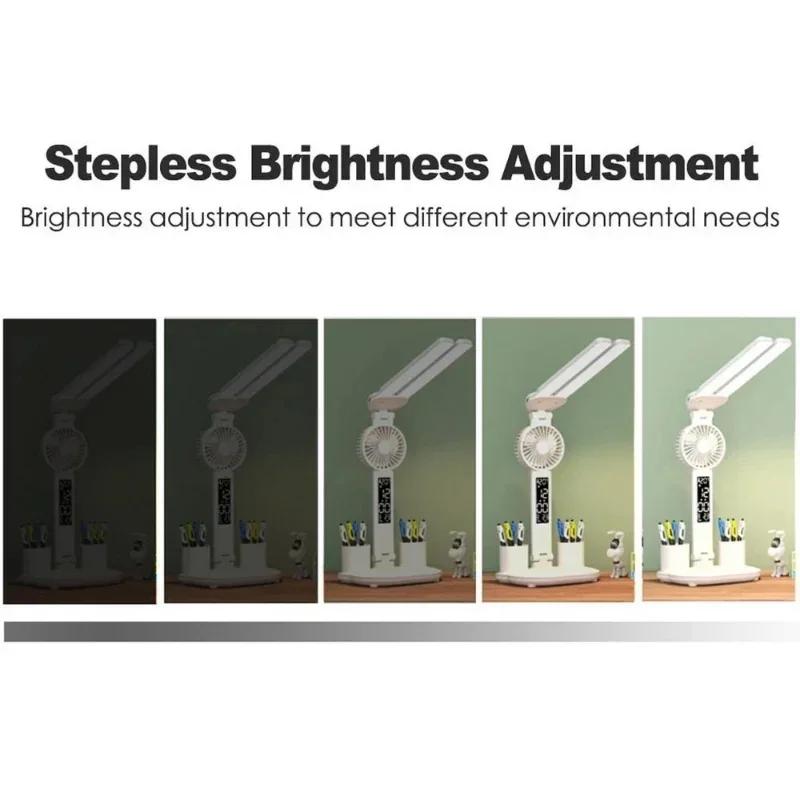 LED Fan Clock Desk Lamp USB Chargeable Dimmable Desk Lamps 2 Heads Rotate Foldable Eye Protection Desktop Reading Night Lights