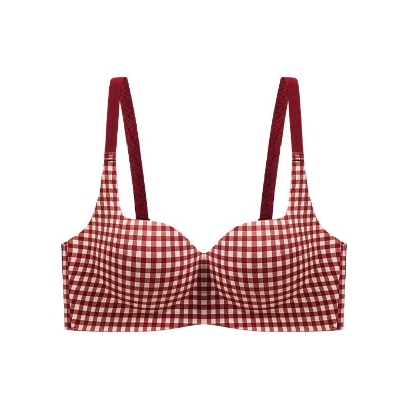 Red Push-Up Plaid Seamless Bra for Women: Lift & Enhance, No Underwire, Anti-Sagging, Ideal for Weddings