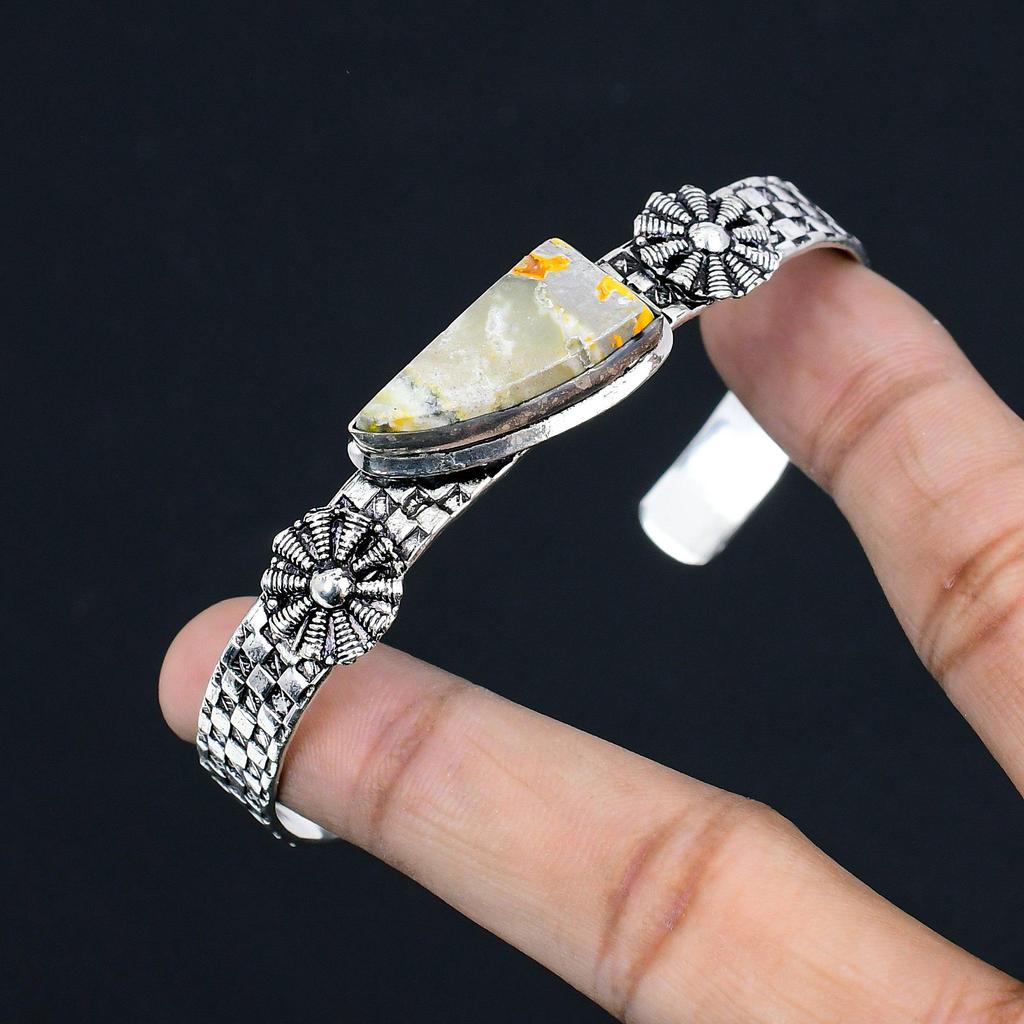 Sterling Silver Bumble Bee Jasper Stone Anniversary Sister Boho Bangle Jewelry