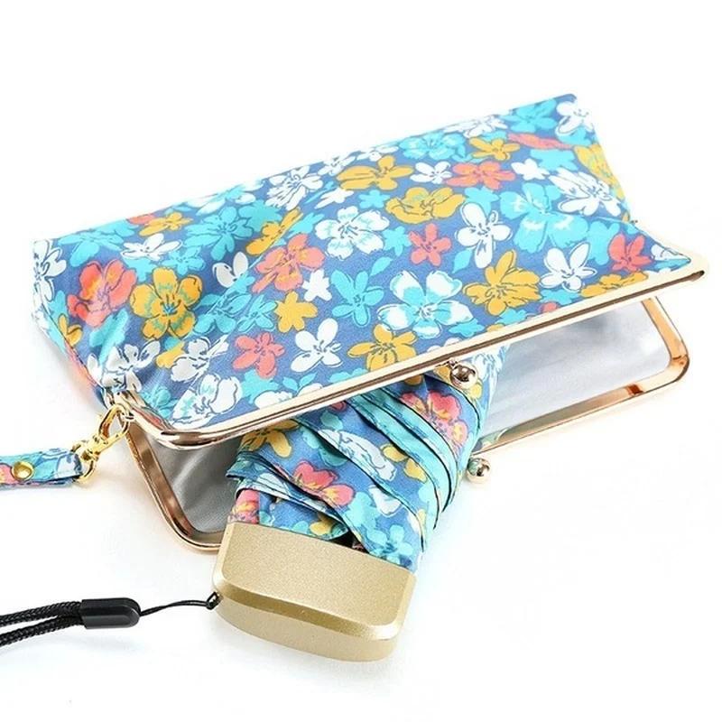 Dámský ultralehký mini plochý pětiskládací deštník s květinovým motivem, slunečním a deštivým motivem a úložnou kabelkou