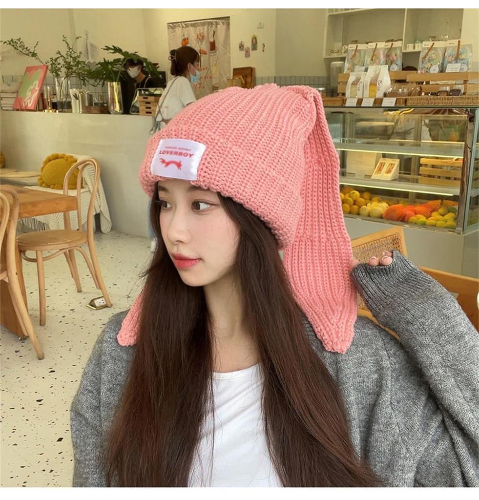 ZHONGJUE Pletená Hrubá Pletená Čepice s Králíčkem Roztomilá Pletená Populární Dárek pro Ženy Dámská Čepice, Podzim/Zima, Uši, Čepice, (Růžový)