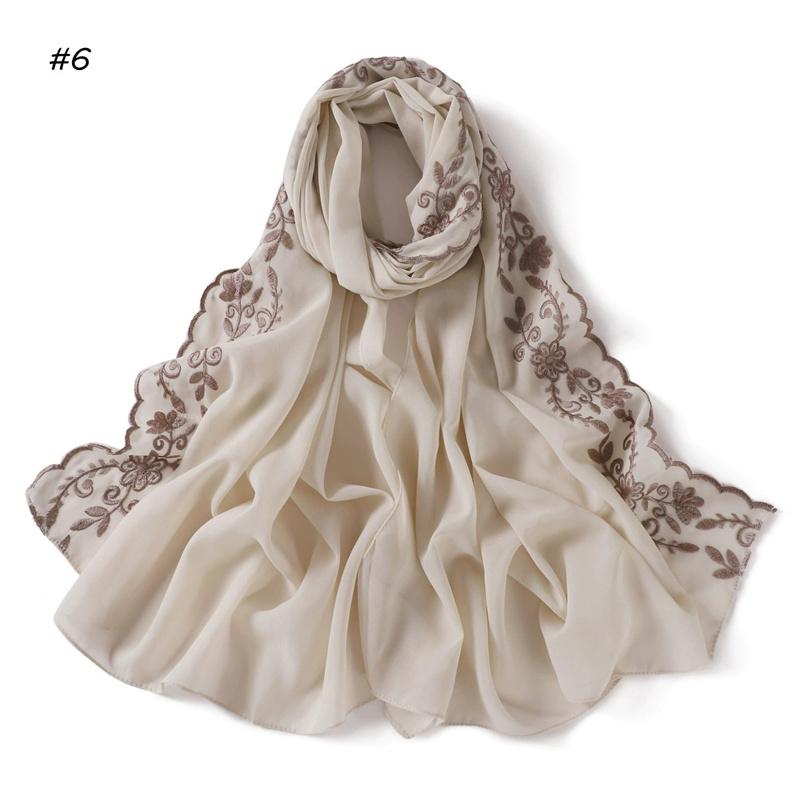 Fashion Embroider Lace Floral Bubble Chiffon Hijab Ramadan Solid Shawl Women Sunscreen Headscarf Outdoor Windproof Head Wrap