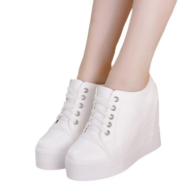 Fashion Women Autumn Leather 11cm Hidden Wedge Sneakers Platform Shoes High Heels Sneakers Female Casual Footwear White Woman Trainers